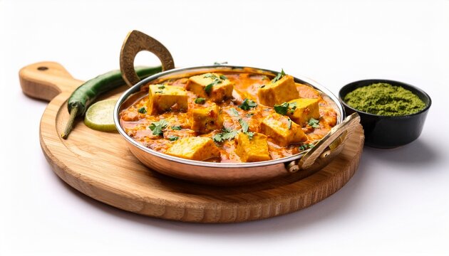 board and plate of tasty kadai paneer with on white background