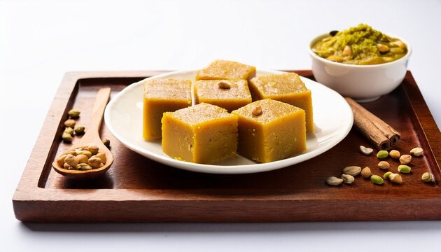 board and plate of tasty moong dal ka halwa with on white background