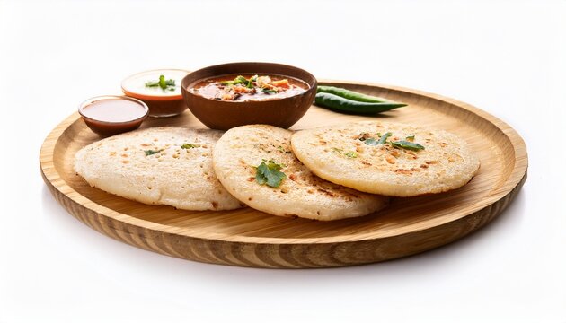 board and plate of tasty uttapam with on white background