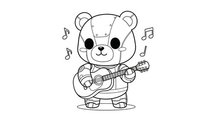 Fototapeta premium Cute robot teddy bear playing acoustic guitar with musical notes floating around, black and white outline illustration
