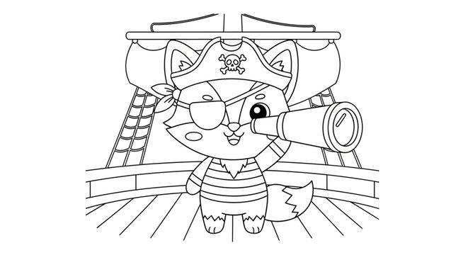 Cute cartoon fox pirate with eye patch and spyglass on a ship, coloring page for kids