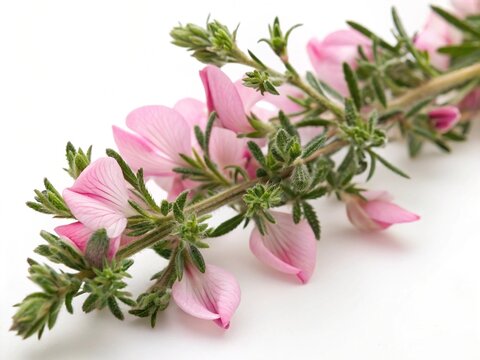 Ononis &ndash; Pink ononis restharrow pea-like blossoms with fine foliage, isolated on white background.