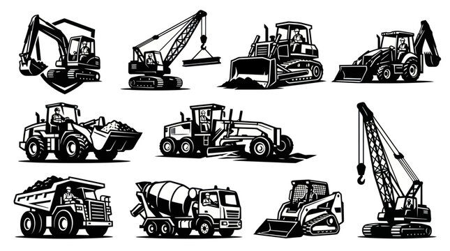 Heavy Duty Construction Vehicles and Machinery Vector Illustration