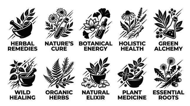 Herbal Remedies and Natural Medical Plants Icon Set