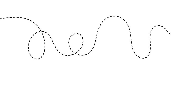 A whimsical dotted line curves and loops across a white background, suggesting movement and playful exploration