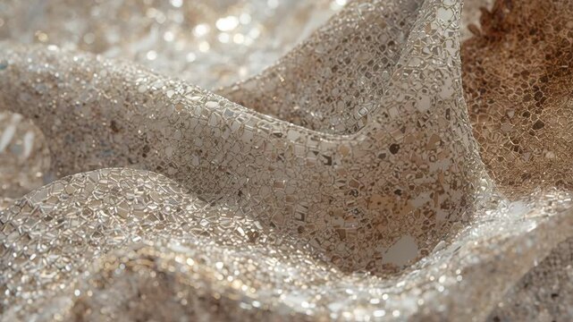 Sparkling gold sequin fabric draped with shimmering texture and glistening mosaic pattern soft folds