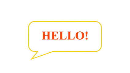 Hello greeting in orange typography inside yellow speech bubble frame on transparent background for message communication. © MdRidoy