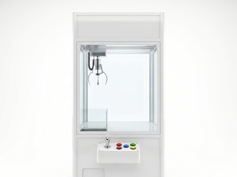 Empty arcade claw machine game with transparent glass and colorful control buttons amusement entertainment