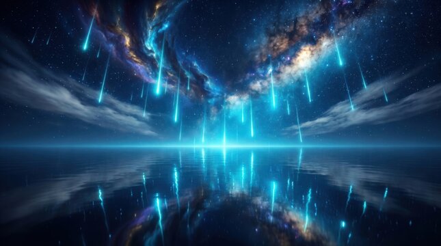 Starry night sky with glowing meteor shower and cosmic nebula reflected on calm water surface, astronomy
