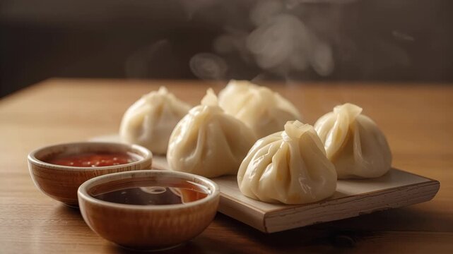 Steamed dumpling on wooden board with dipping sauce, savory steam and warm inviting aroma