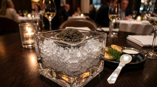 Gourmet black caviar served on ice in luxury restaurant, premium sturgeon roe appetizer with blinis, elegant fine dining seafood experience