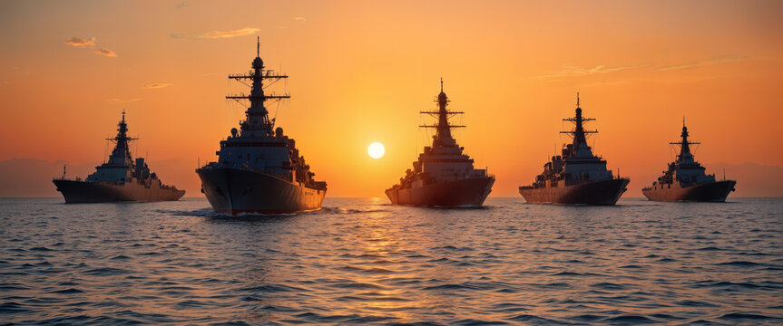Naval fleet maneuver ocean sunset photography serene waters wide angle maritime power display