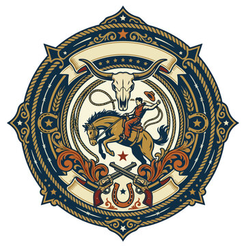 Wild west cowboy riding bucking horse emblem with skull horseshoe illustration adventure traditional bullskull revolver equestrian heritage ornamental