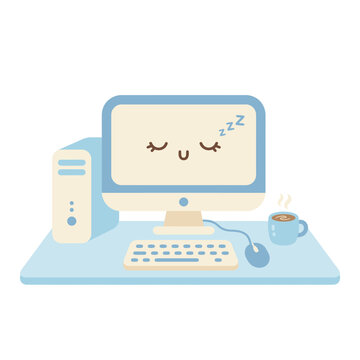 Cute Sleeping Computer with Coffee Mug on Desk - Kawaii Style