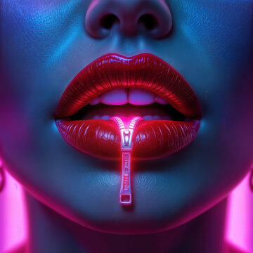 Futuristic fashion statement close-up of zipped lips neon environment digital art creative perspective