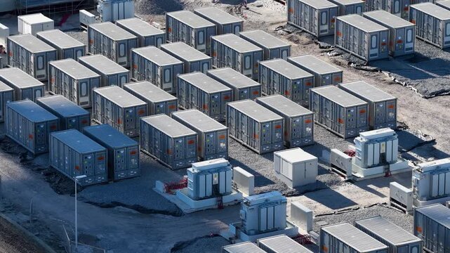Aerial view on battery energy storage system for renewable power plant. Industrial lithium batteries facility for clean electricity grid management and sustainable technology infrastructure.