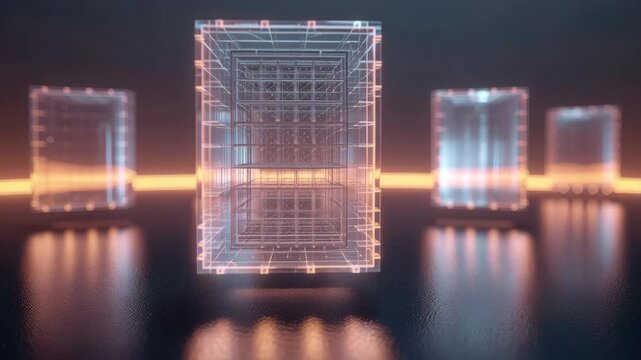Glowing translucent data cube neon grid translucent glowing data cube network with warm reflections
