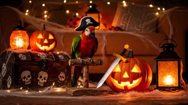 Parrot dressed in pirate attire poses with pumpkins and lanterns. Charming Halloween setting with glowing lights creates festive atmosphere