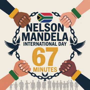 Nelson mandela international day poster with diverse hands holding a broken chain and doves of peace