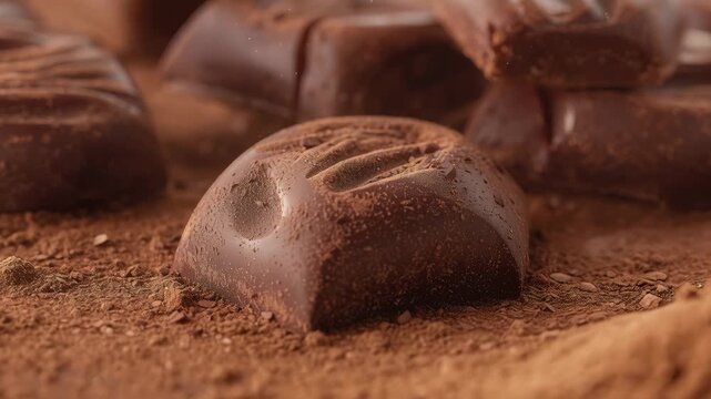 Rich dark chocolate bonbon and truffle dusted with cocoa powder, decadent cocoa-dusted dark pieces