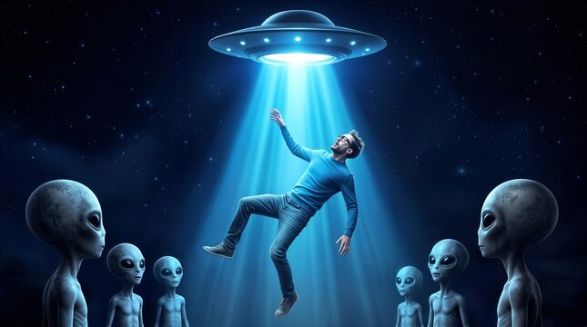 Young man floating in light beam during alien abduction. Extraterrestrial spacecraft hovering in starry night sky while grey aliens observe from foreground.