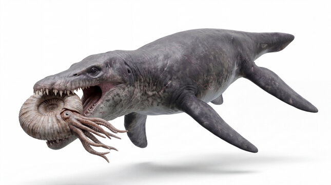 Pliosaurus funkei hunting Jurassic crustaceans in a dynamic underwater scene, highly realistic prehistoric marine reconstruction, isolated on white background, detailed anatomy and motion.