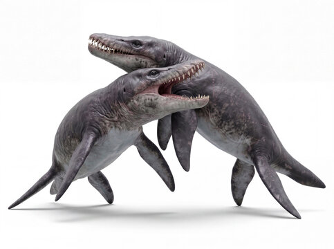 Two male Pliosaurus funkei fighting in an intense underwater confrontation, highly realistic prehistoric marine reconstruction, isolated on white background, dynamic anatomy and motion.