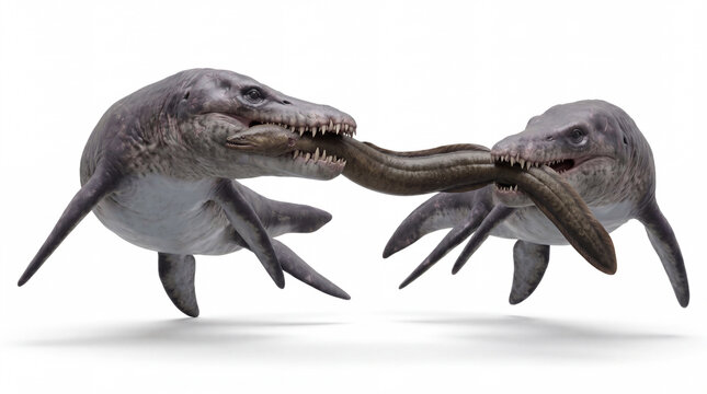 Pair of Pliosaurus funkei holding an eel in their jaws in a realistic prehistoric marine scene, highly detailed reconstruction, isolated on white background, dynamic anatomy and interaction.