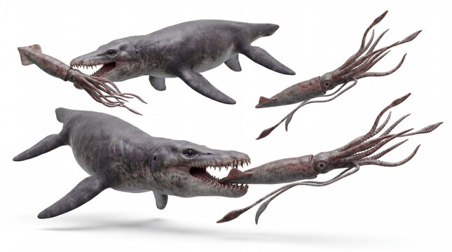 Pair of Pliosaurus funkei hunting squids in a dynamic prehistoric marine scene, highly realistic reconstruction, isolated on white background, detailed anatomy and motion.