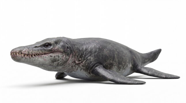 Pliosaurus funkei resting on the ocean bottom in a calm prehistoric marine scene, highly realistic reconstruction, isolated on white background, detailed anatomy and sediment environment.