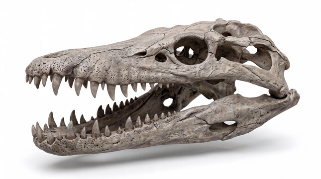 Pliosaurus funkei skull highly detailed fossil reconstruction showing massive jaws, teeth, and cranial structure, museum-style scientific presentation, isolated on white background.