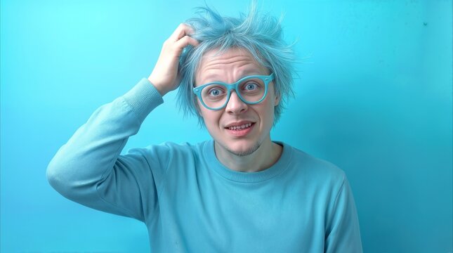 Puzzled individual with messy blue hair scratching head while looking at camera. Expressing confusion or searching for a solution against a solid blue background.