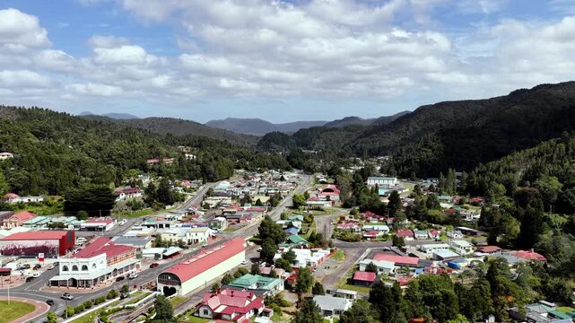 Railway and historic station in downtown of Queenstown mining heritage of Tasmania.