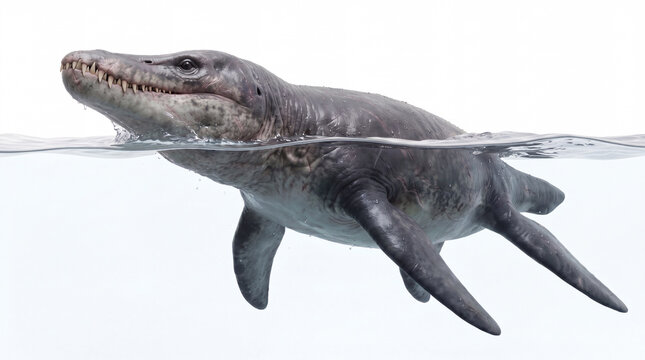 Pliosaurus funkei head breaking through the water surface in a dramatic marine attack scene, highly realistic prehistoric reconstruction, isolated on white background, dynamic motion and water detail.