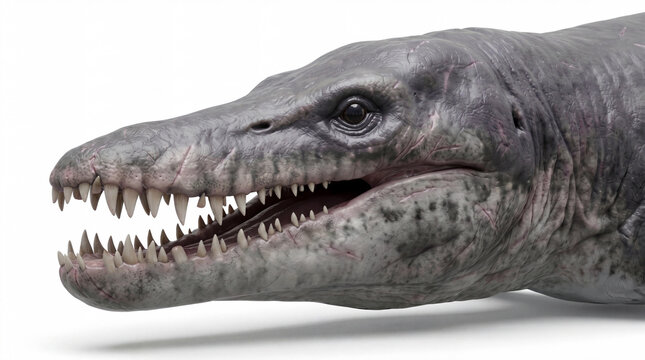 Pliosaurus funkei head close-up showing detailed skull structure, massive teeth, and jaw anatomy, highly realistic prehistoric marine reptile reconstruction, isolated on white background.