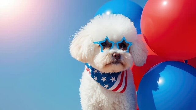A festive Bichon Frise dog wearing star-shaped sunglasses and a patriotic bandana poses in front of bright red and blue balloons against a clear blue sky.