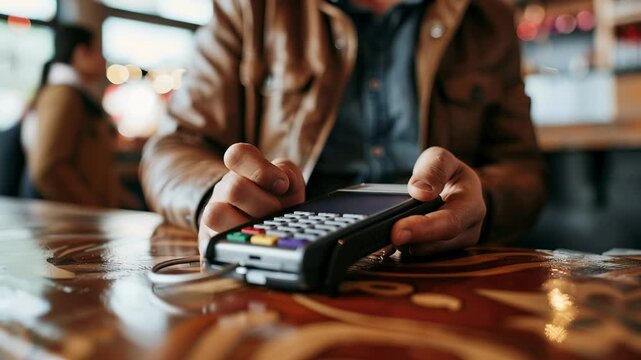Man paying the bill with contactless credit card at a restaurant