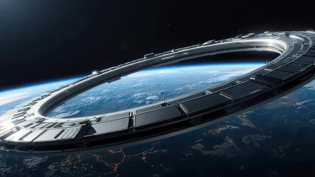 Futuristic orbital ring space station above Earth with glowing city lights and serene starry