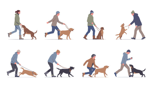 People training dogs in various poses and actions on leashes dog training dog walking obedience person