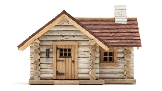 Miniature Log Cabin Model with Detailed Woodwork and Chimney.