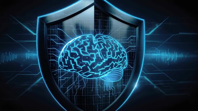 Neon brain and shield cybersecurity fusion protecting digital network with glowing circuitry and AI