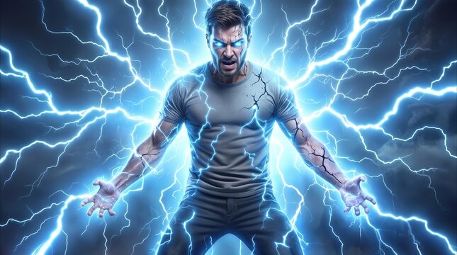 Superhuman character channeling intense electrical energy. Cinematic fantasy scene of a man with glowing blue eyes and lightning bolts radiating from his body.