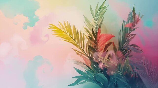 Abstract tropical palm leaves with colorful ink clouds animation