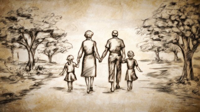 Illustration of a family walking hand-in-hand down a path surrounded by trees