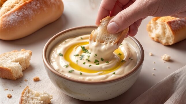 Dipping crusty bread into bowl of creamy hummus topped with olive oil and parsley. Appetizer serving for healthy snack or meal.