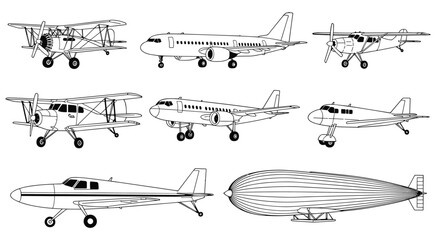 Collection of various aircraft and airship line airplane biplane propeller plane © Siddhartha