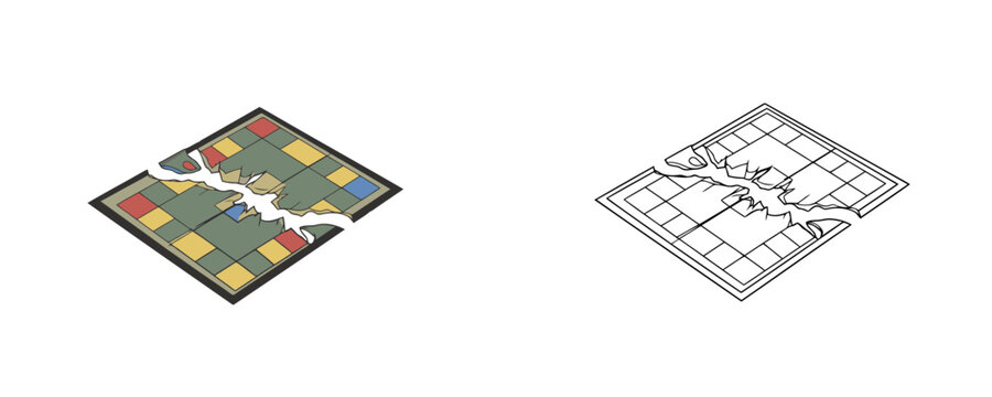 Colored and line art isometric illustrations of a torn and broken cardboard board game showing damage and separation on a solid white background