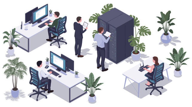 Isometric office scene with people working at computers and near server rack