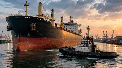 Fototapeta premium Tugboat assisting massive cargo vessel in busy commercial harbor at sunset celebrating maritime operations and Day of the Seafarer