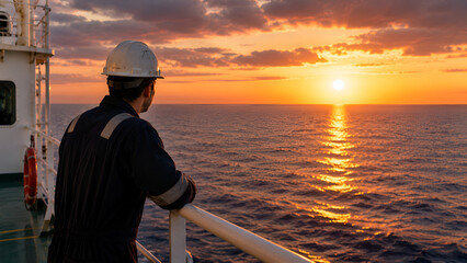 Fototapeta premium Seafarer watching sunset from vessel deck reflecting dedication resilience and maritime service on Day of the Seafarer